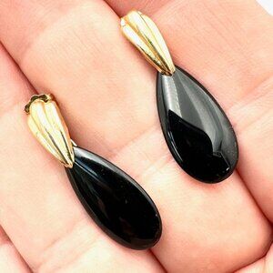14K Yellow Gold Womens Earrings Black Onyx Chandelier Pierced Estate